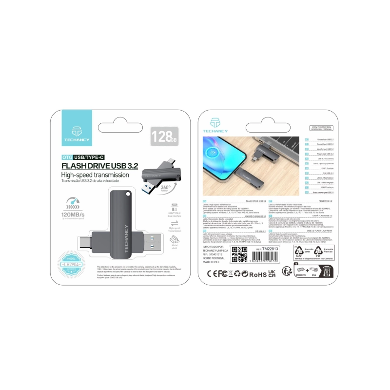 Flash Drive 128Gbusb 3.2 Conectores Duplos Tipo C e Usb