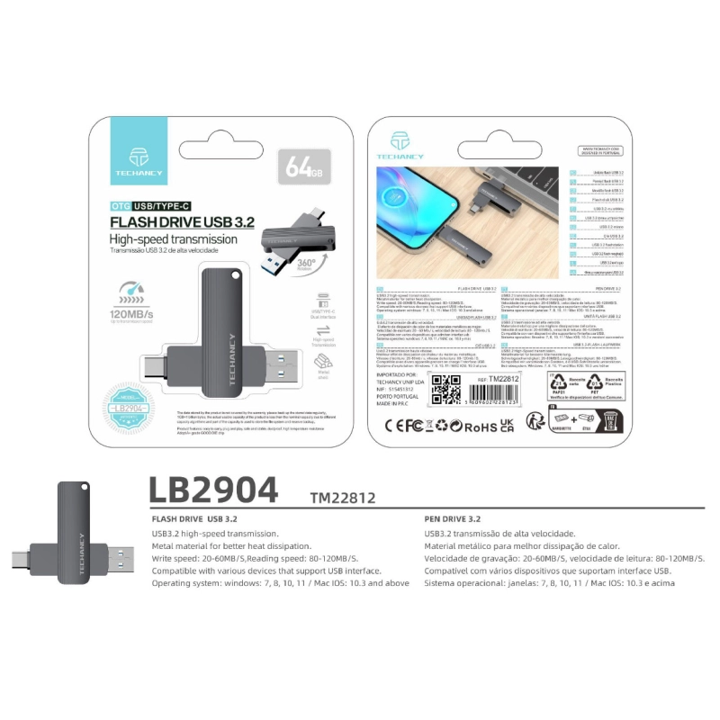 Flash Drive 64Gb Usb 3.2 Conectores Duplos Tipo C e Usb
