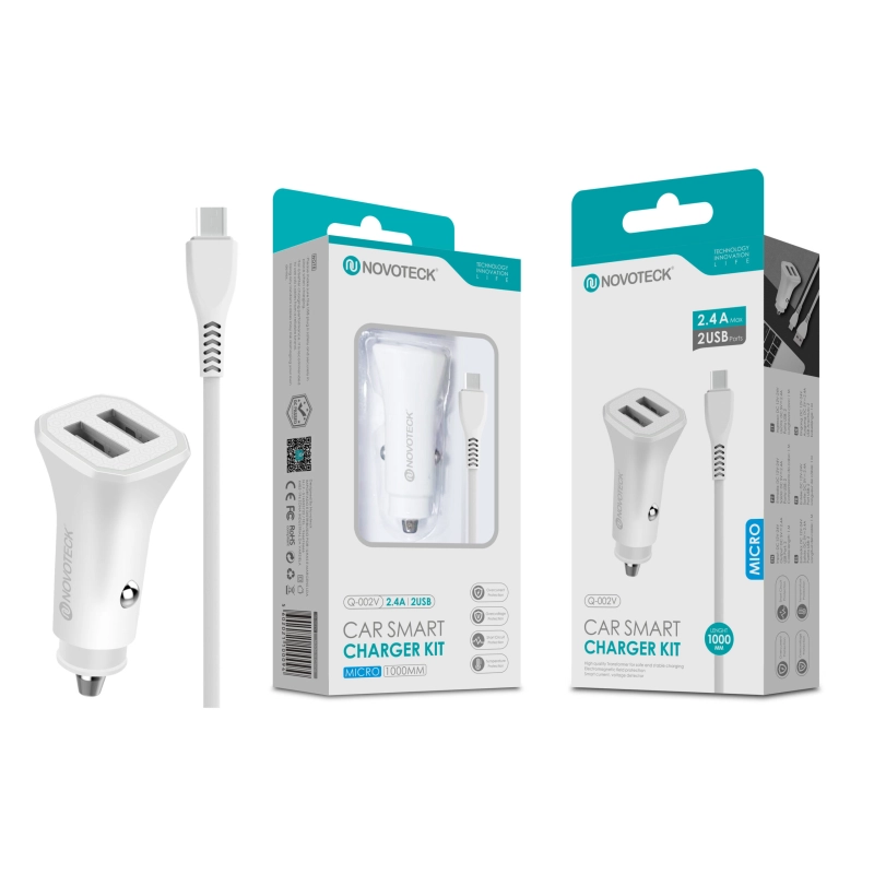 Kit Carregador Automóvel Inteligente 2.4A 2 USB Branco com Cabo Micro Q-002V