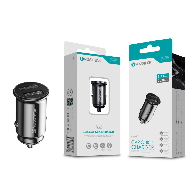 Mini Carregador Rápido para Carro Novoteck Q-004 com Dupla USB 3.4A