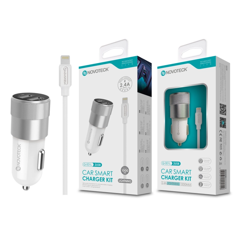 Kit Carregador Automóvel 2.4A 2 USB Branco com Cabo Lightning Q-001L