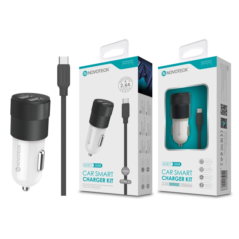 Kit Carregador Automóvel 2.4A 2 USB Negro com Cabo Type-C Q-001T