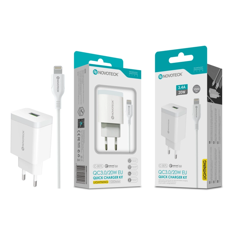 Carregador com Cabo Lightning QC 3.0 20W 3.4A 1 USB NOVOTECK C-007L
