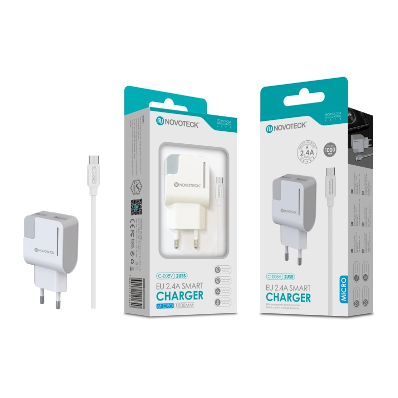 Carregador com Cabo Micro Branco 2.4A 2 USB Full Compatible C-008V