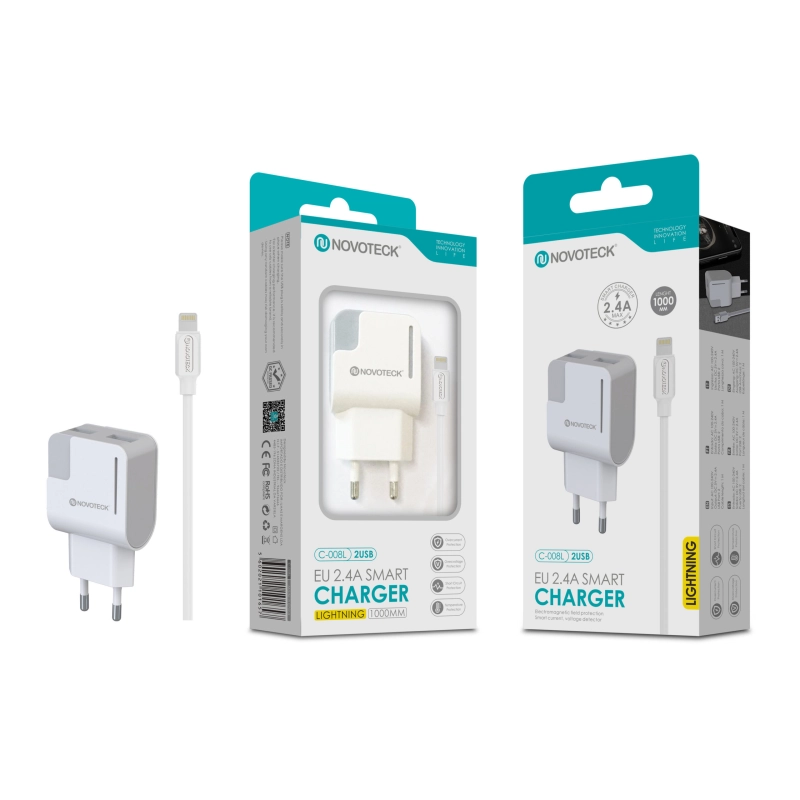Carregador com Cabo Lightning Branco 2.4A 2 USB Full Compatible C-008L