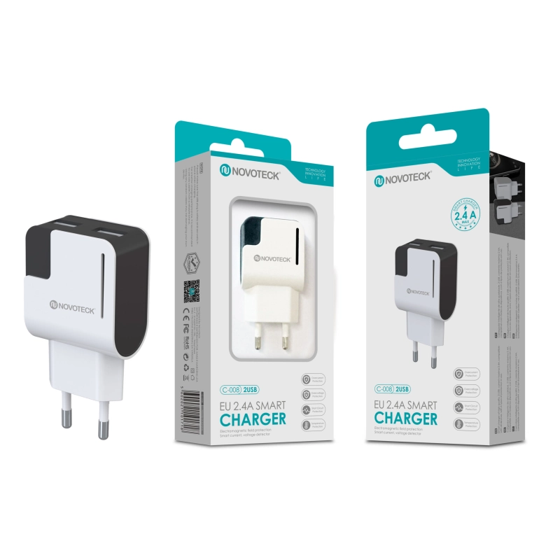 Carregador 2.4A 2 USB Negro Full Compatible C-008