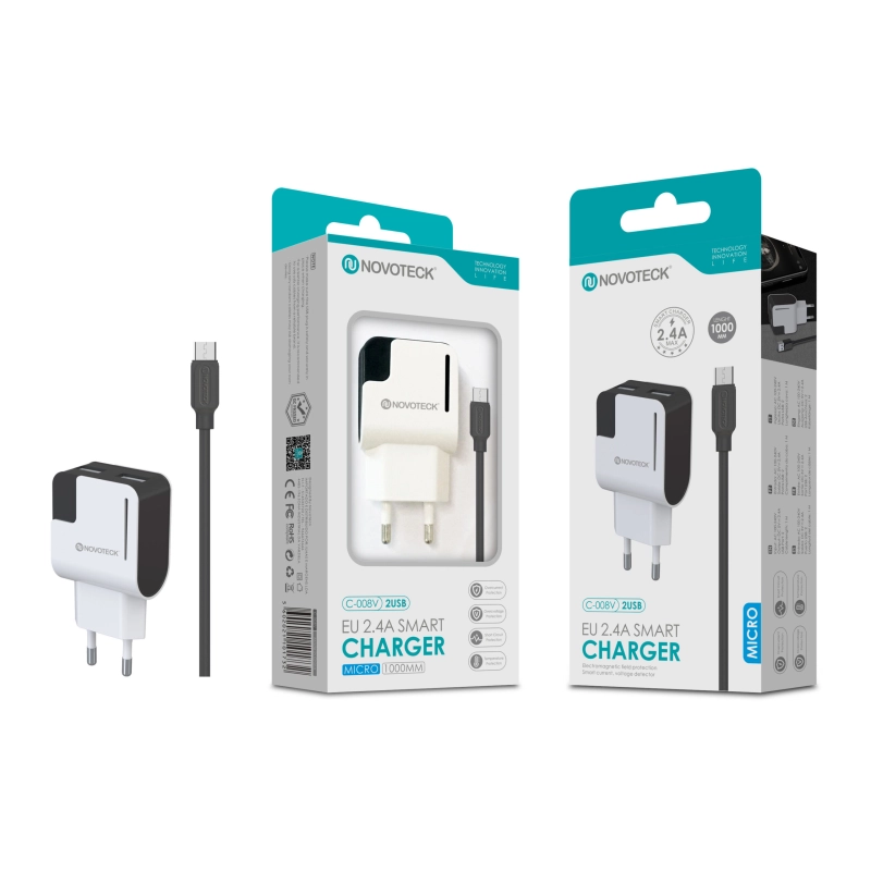 Carregador com Cabo Micro Negro 2.4A 2 USB Full Compatible C-008V