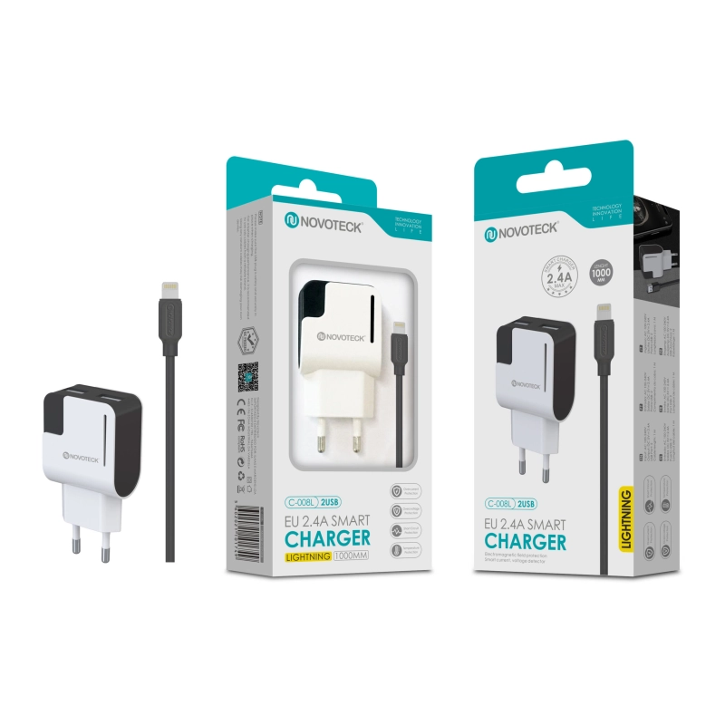 Carregador com Cabo Lightning Negro 2.4A 2 USB Full Compatible C-008L