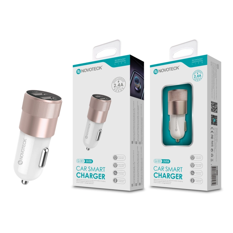 Carregador Automóvel Isqueiro Branco com Duas Portas USB 2.4A Dourado Q-001