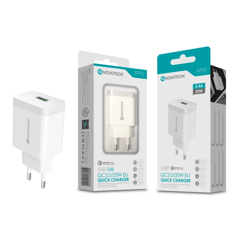 Carregador QC 3.0 20W 3.4A 1 USB NOVOTECK C-007