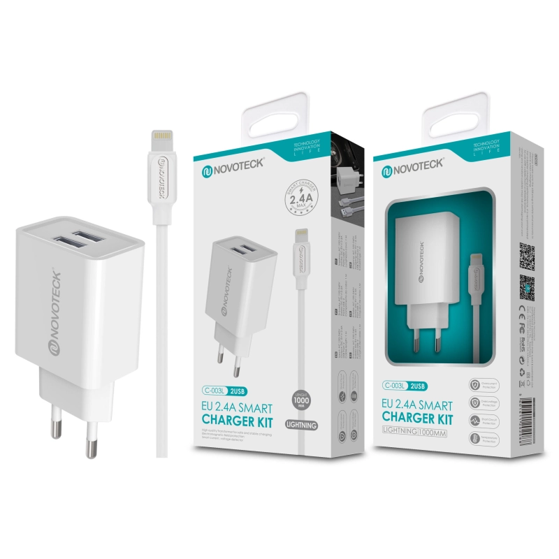 Carregador com Cabo Lightning Branco 2.4A 2 USB NOVOTECK C-003L