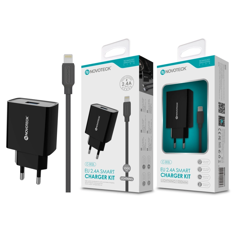 Carregador com Cabo Lightning Negro 2.4A 1 USB NOVOTECK C-002L