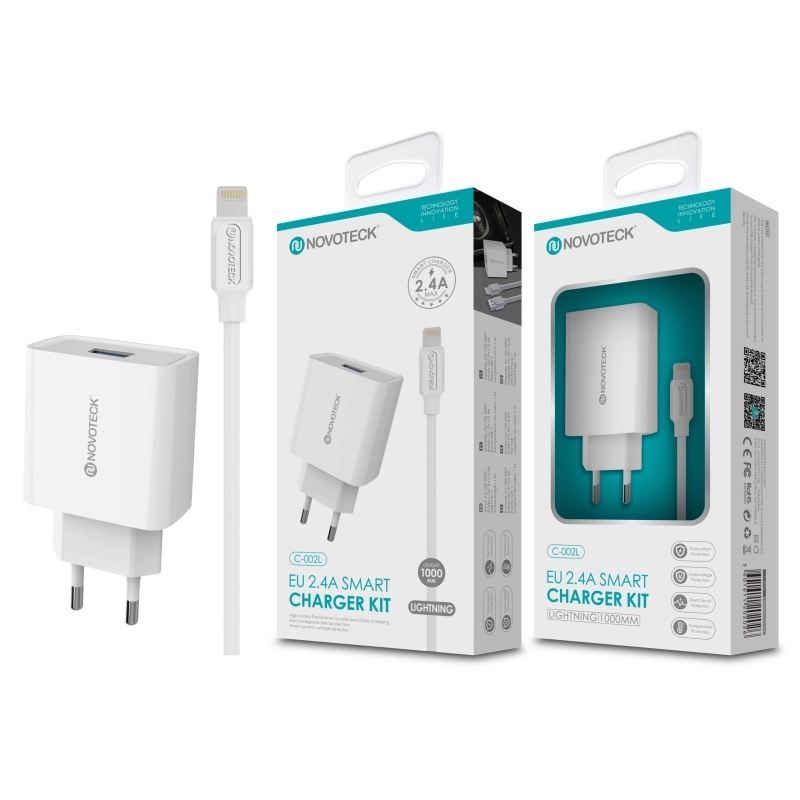 Carregador com Cabo Lightning Branco 2.4A 1 USB NOVOTECK C-002L