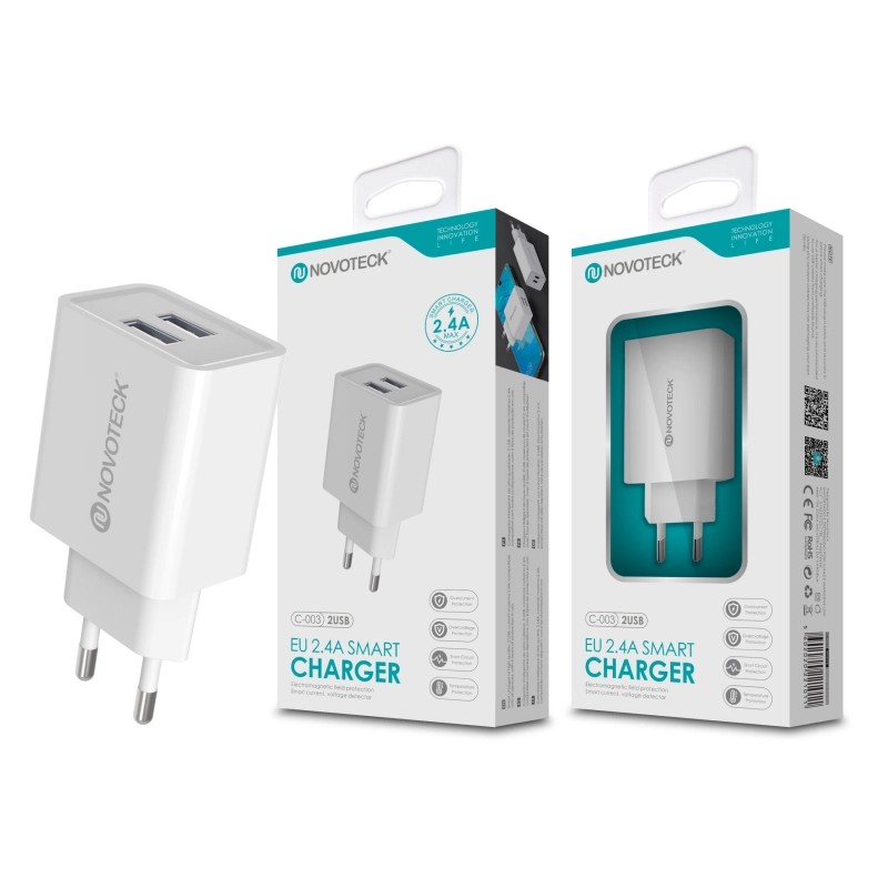 Carregador 2.4A 2 USB Branco NOVOTECK C-003
