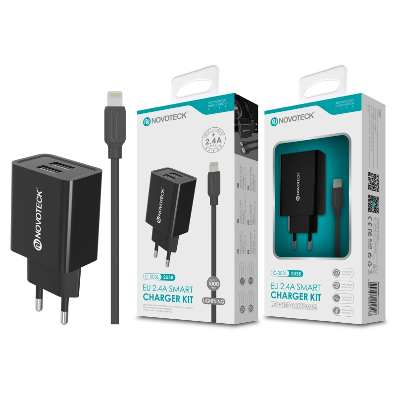 Carregador com Cabo Lightning Negro 2.4A 2 USB NOVOTECK C-003L