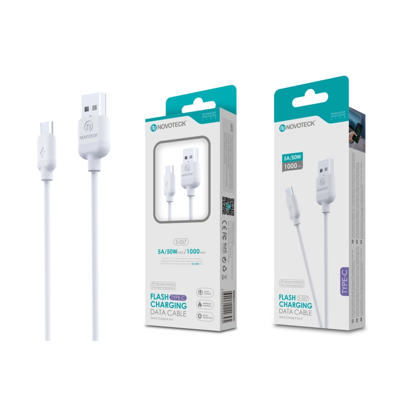 Cabo Type-C Branco 5A 50W 1M S-057 Silicone TPE