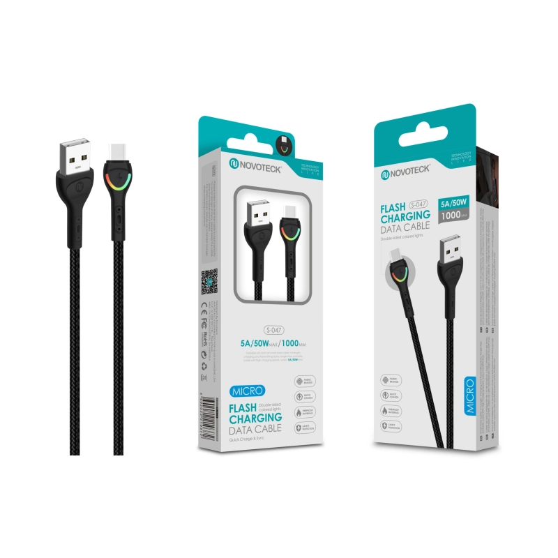Cabo Micro USB Negro 5A 50W 1M S-047 com Luz Indicador