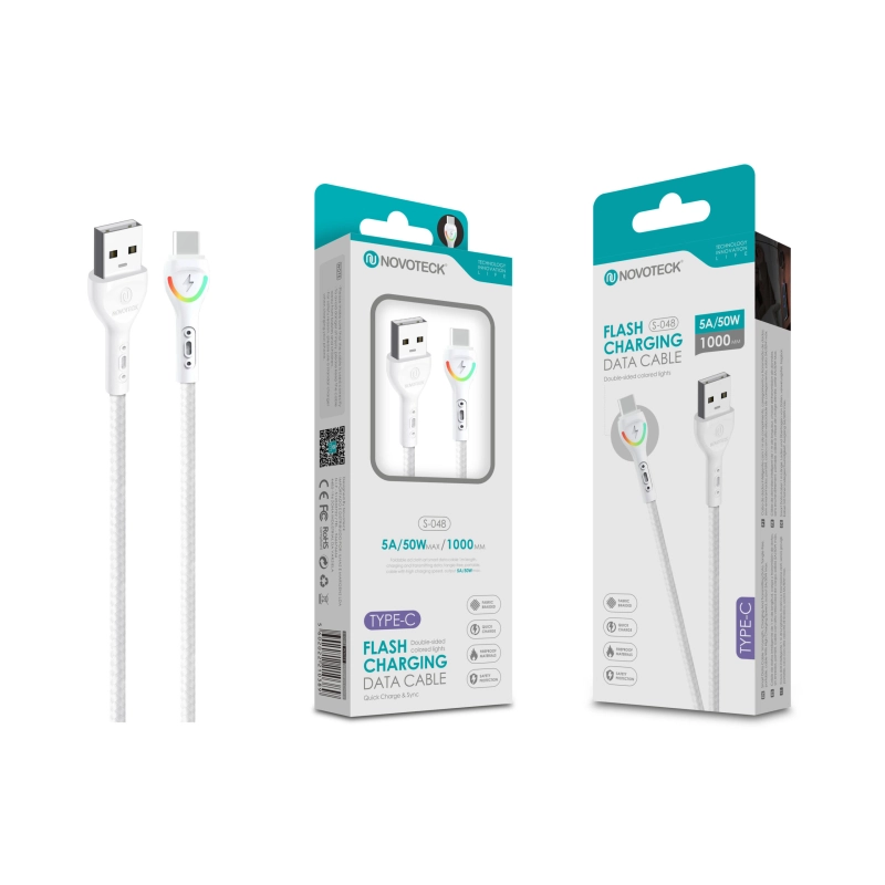 Cabo Type-C Branco 5A 50W 1M S-048 com Luz Indicador