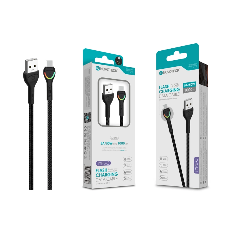 Cabo Type-C Negro 5A 50W 1M S-048 com Luz Indicador