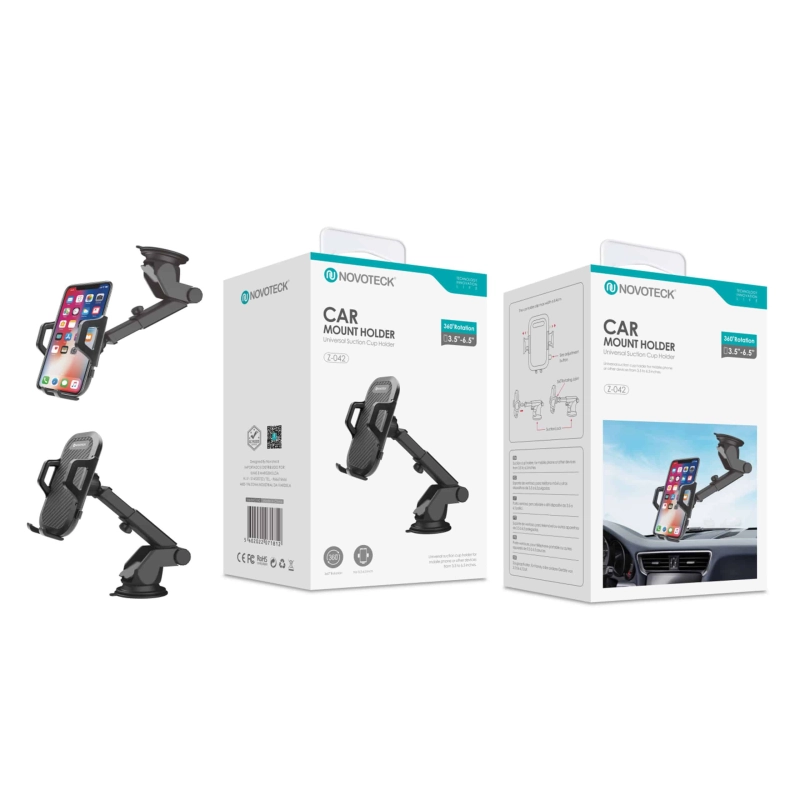 Suporte de Sucção para Carro Z-042 - Com Rotação 360° e Braço Ajustável, Compatível com Telemóveis de 3.5-6.5"