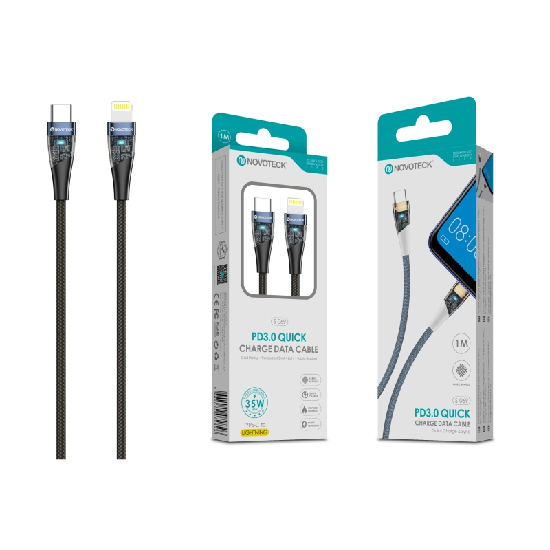 Cabo PD 35W Type-C to Lightning Negro S-069 Luz Indicador