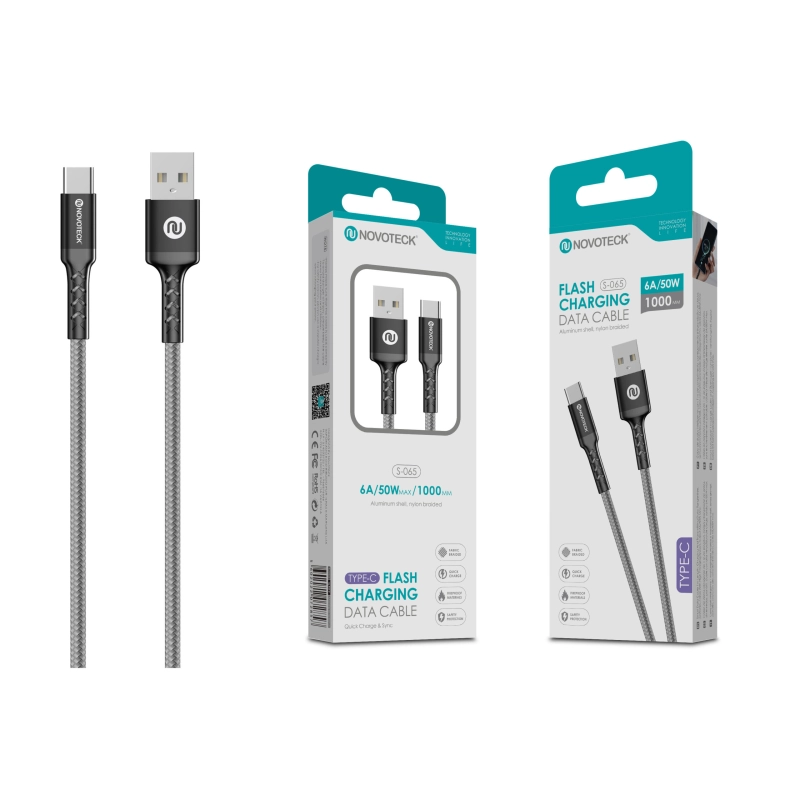 Cabo Type-C 6A 50W 1M Cinzento Durabilidade Nylon Trançado S-065