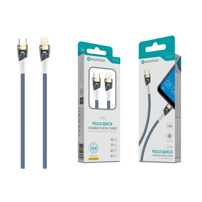 Cabo PD 35W Type-C to Lightning Azul S-069 Luz Indicador