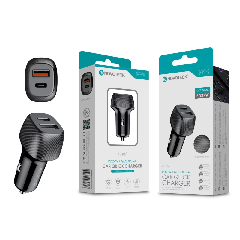 Carregador de Carro Rápido Novoteck Q-006 com PD 27W e USB 3.4A QC3.0