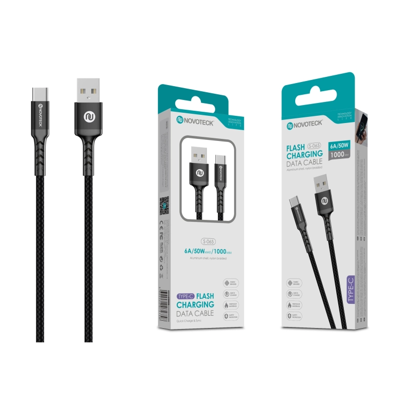 Cabo Type-C 6A 50W 1M Negro Durabilidade Nylon Trançado S-065