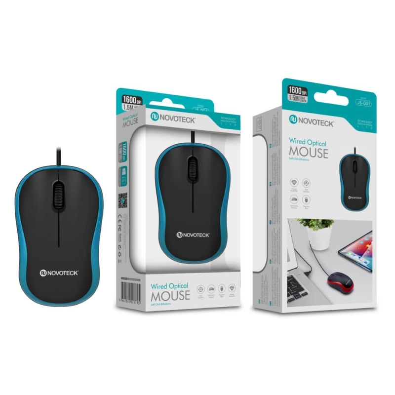 Rato Óptico com Fio Azul JS-001 - Precisão e Conforto de 1600 DPI