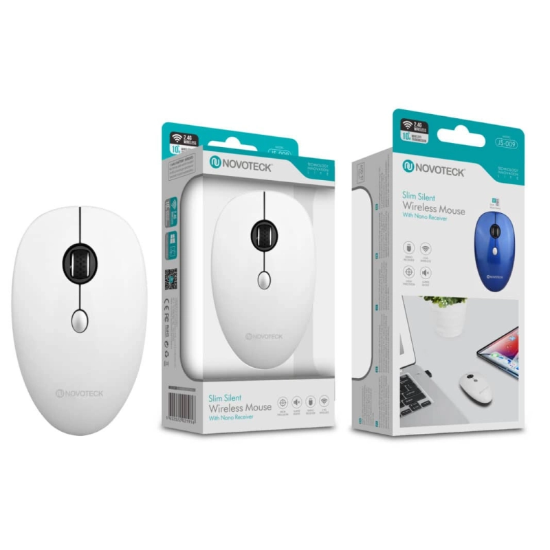 Rato Sem Fios Branco JS-009 - Design Slim, Clique Silencioso, Receptor Nano