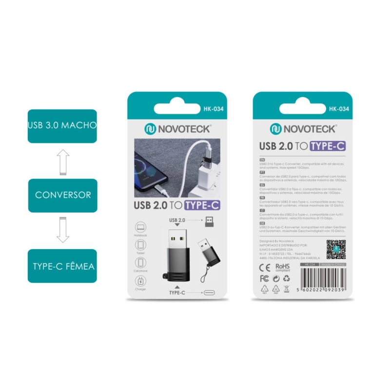 Adaptador NOVOTECK HK-034 de USB 2.0 para Type-C