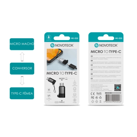 Adaptador NOVOTECK HK-035 de Micro USB para Type-C - Conexão Rápida e Versátil para a Nova Geração de Dispositivos"