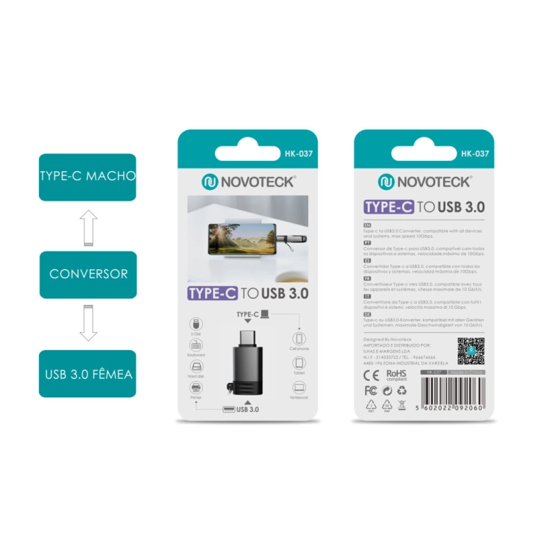Adaptador NOVOTECK HK-037 de Type-C para USB 3.0
