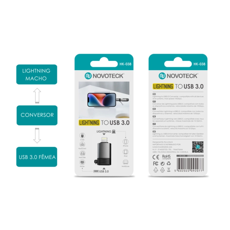 Conversor Lightning Macho - USB 3.0 Femea HK-038