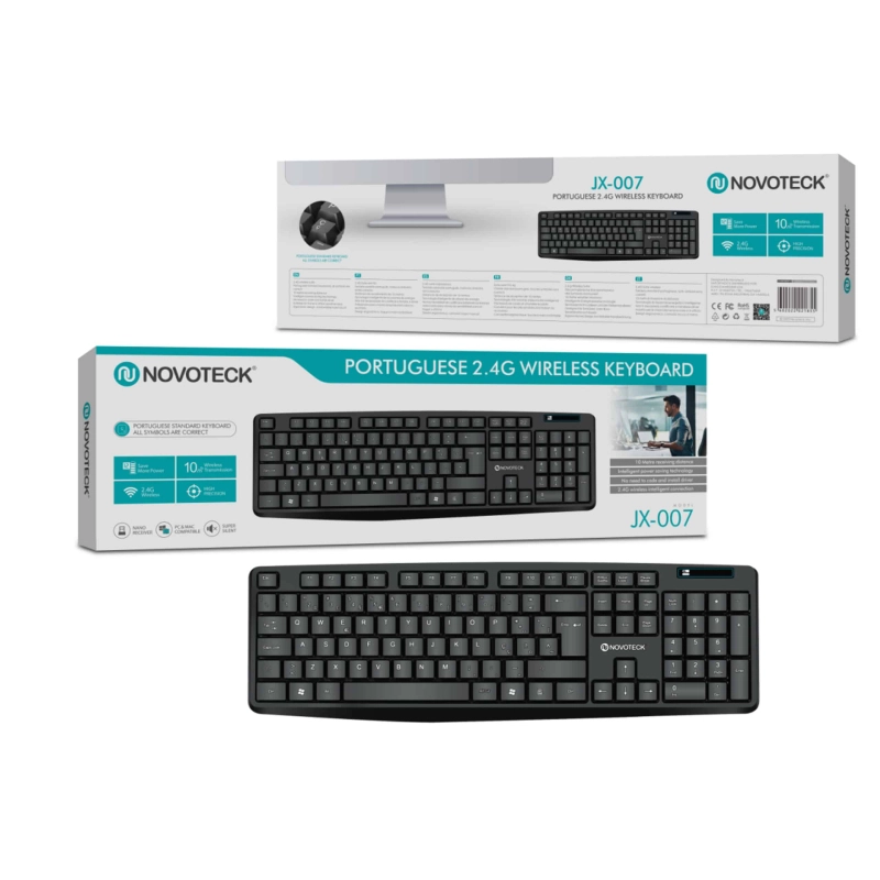 Teclado Sem Fios Português NOVOTECK JX-007 - Conectividade 2.4G e Eficiência Energética
