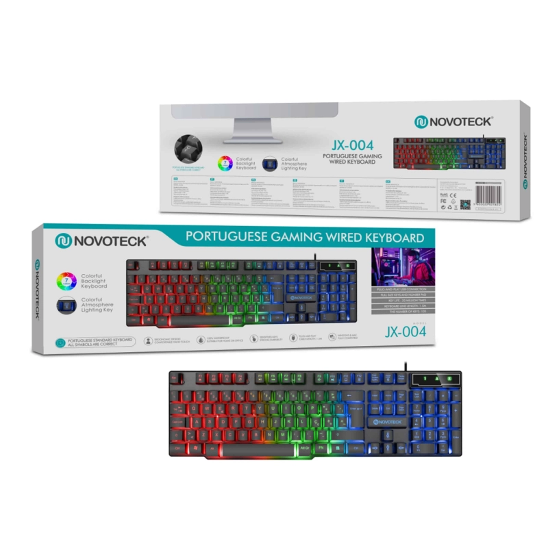Teclado Gaming NOVOTECK JX-004 com Iluminação RGB - Experiência de Jogo Imersiva e Confortável