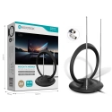 Antena de TV Interna Novoteck L-018 – Alcance de 35-50 Milhas, VHF/UHF, Rotação de 180°, Cabo de 3m, Design Anel Duplo, Conector