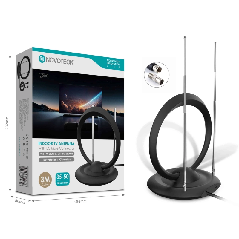 Antena de TV Interna Novoteck L-018 – Alcance de 35-50 Milhas, VHF/UHF, Rotação de 180°, Cabo de 3m, Design Anel Duplo, Conector