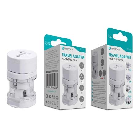 Adaptador de Viagem Universal Novoteck PJ-014 Branco Compatível com EU/UK/US/AU