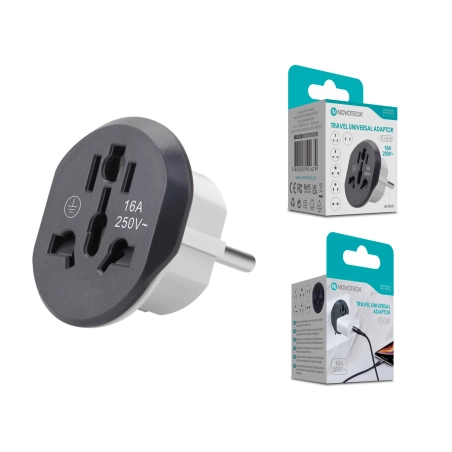 Adaptador Universal de Viagem Novoteck PJ-018 – Compatível Globalmente, 16A, 250V, Design Compacto, Preto