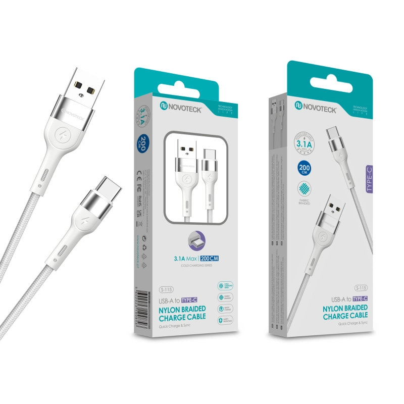 Cabo Type-C NOVOTECK S-115 - Nylon Trançado, 3.1A, 200cm,Branco