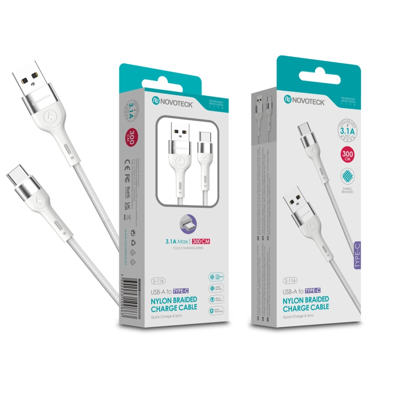 Cabo Type-C NOVOTECK S-116 - Nylon Trançado, 3.1A, 300cm,Branco