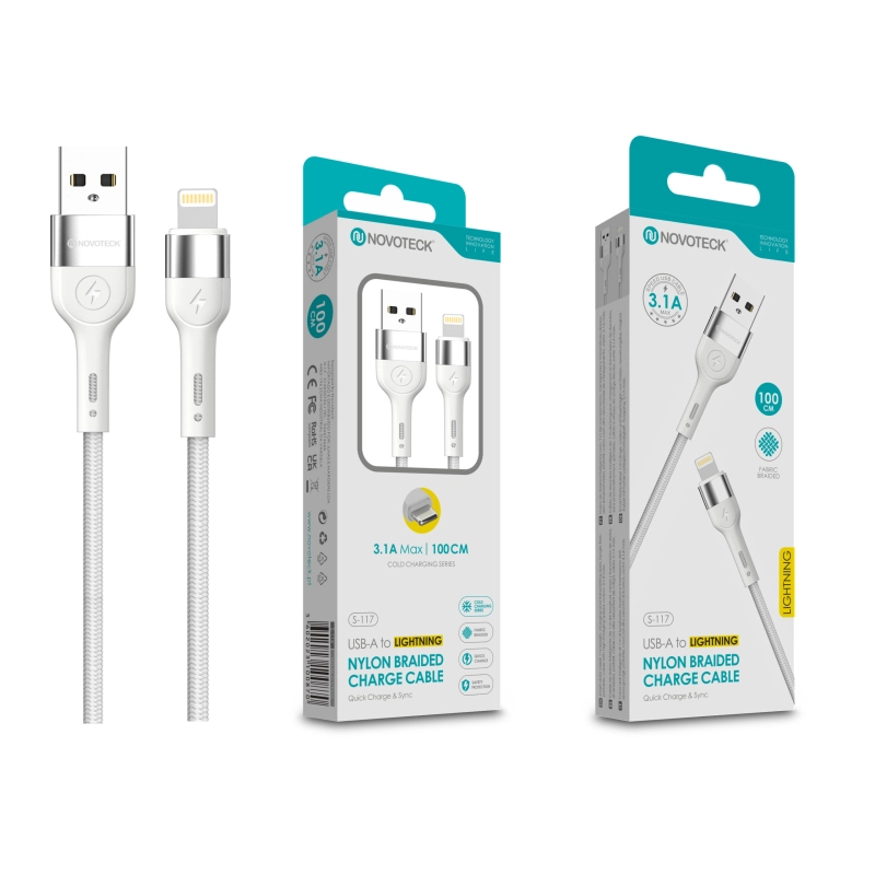 Cabo Lightning NOVOTECK S-117 - Nylon Trançado, 3.1A, 100cm,Branco