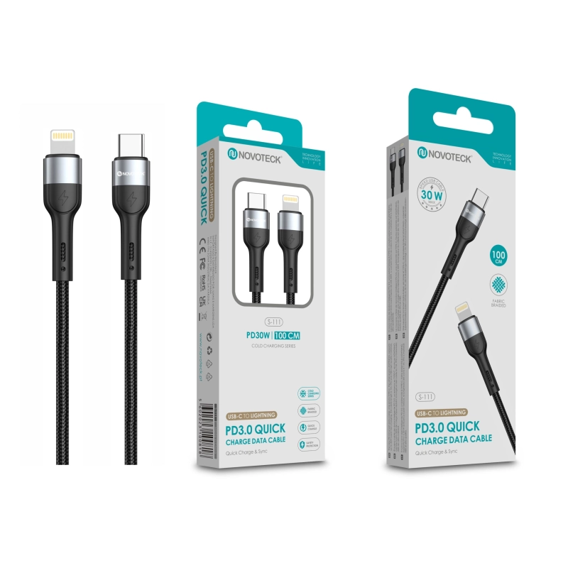 Cabo USB-C para Lightning NOVOTECK S-111 - PD 3.0, 30W, Negro,100cm,Trançado em Nylon