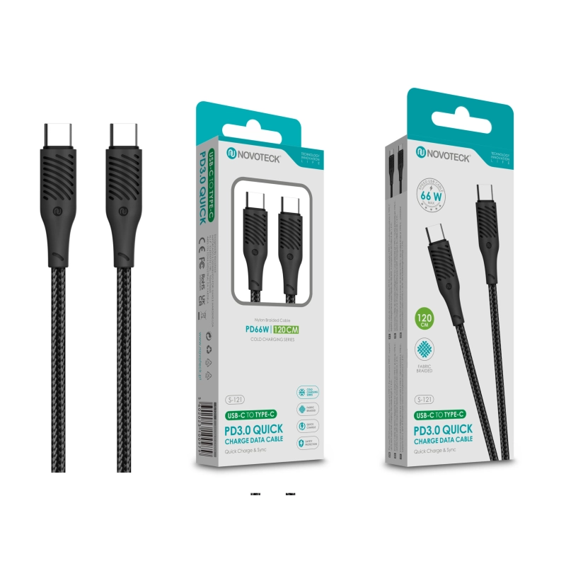 Cabo USB-C para USB-C NOVOTECK S-121 - PD 3.0 Quick Charge, 66W, Nylon Trançado, 120cm