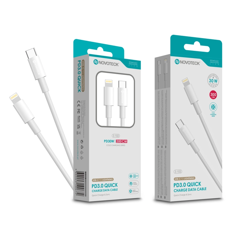 Cabo USB-C para Lightning NOVOTECK S-102 - Carregamento Rápido PD 3.0, Dados, 30W, 300cm