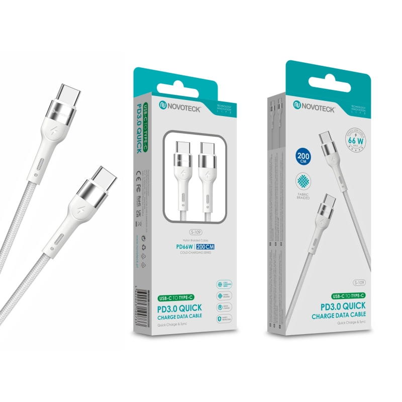 Cabo USB-C para USB-C NOVOTECK S-109 - PD 3.0 Quick Charge,66W,200cm,Branco,Trançado em Nylon
