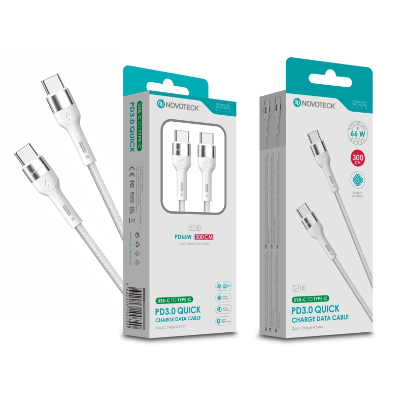 Cabo USB-C para USB-C NOVOTECK S-110 - PD 3.0 Quick Charge,66W,300cm,Branco,Trançado em Nylon
