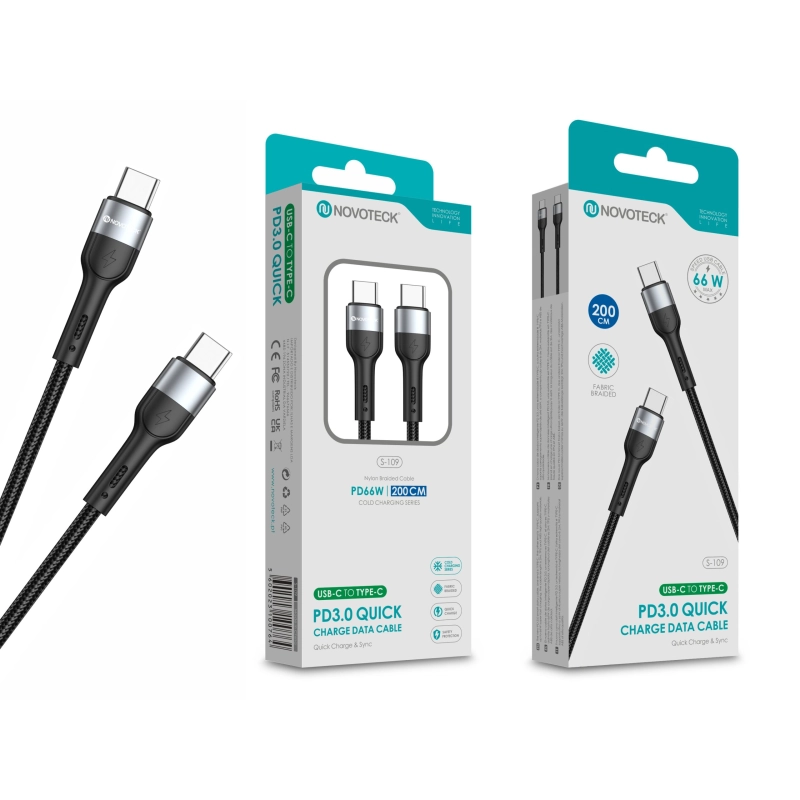 Cabo USB-C para USB-C NOVOTECK S-109 - PD 3.0 Quick Charge,66W,200cm,Negro,Trançado em Nylon